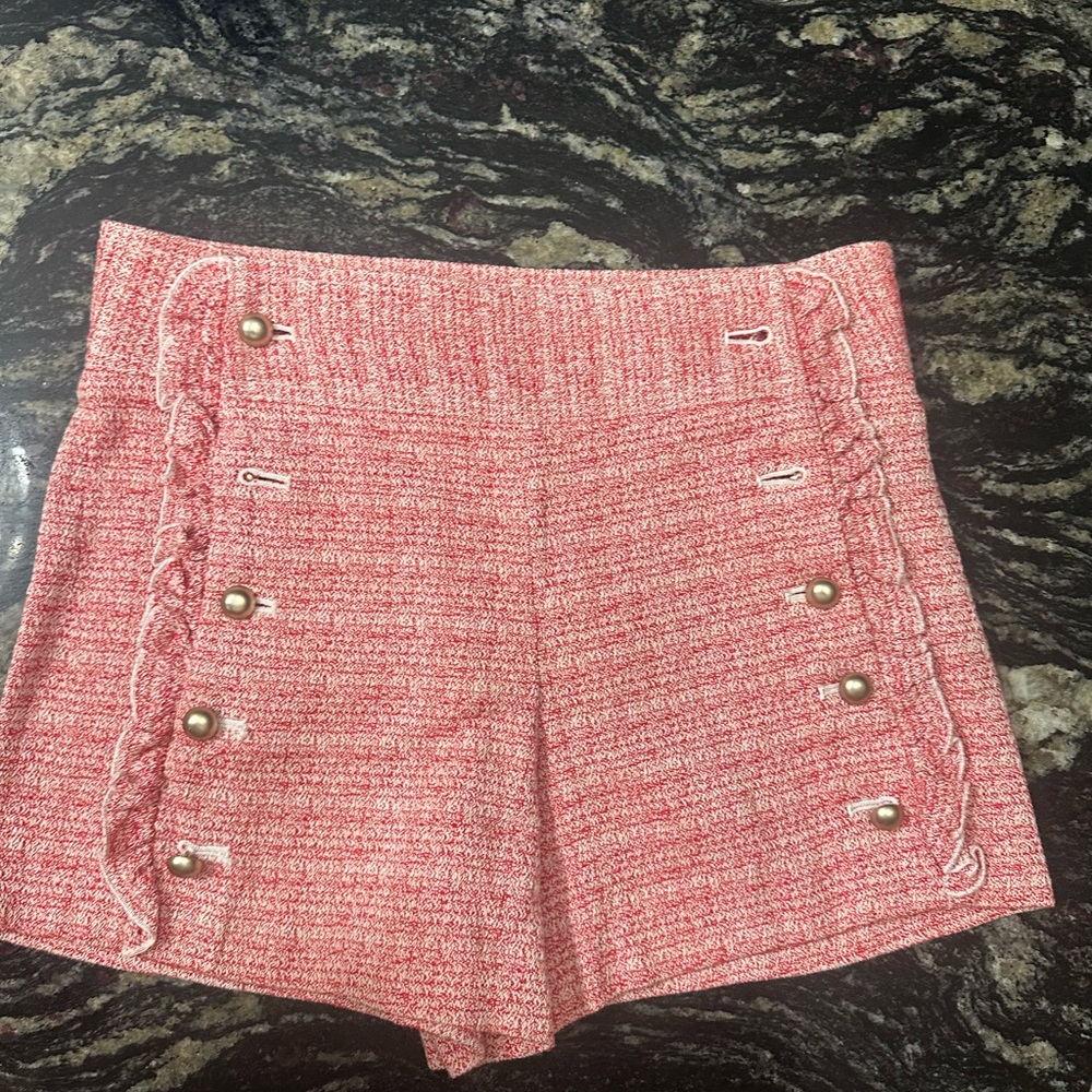 Club Monaco Textured Tweed Button-Detail Shorts Red & Cream Knit Size 0